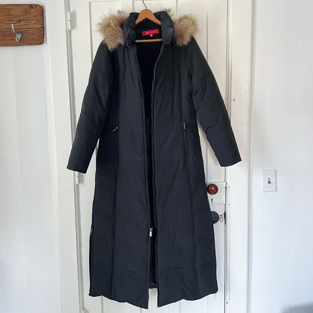 Anne Klein Full Length Down coat w side slits and removable fur trimmed hood